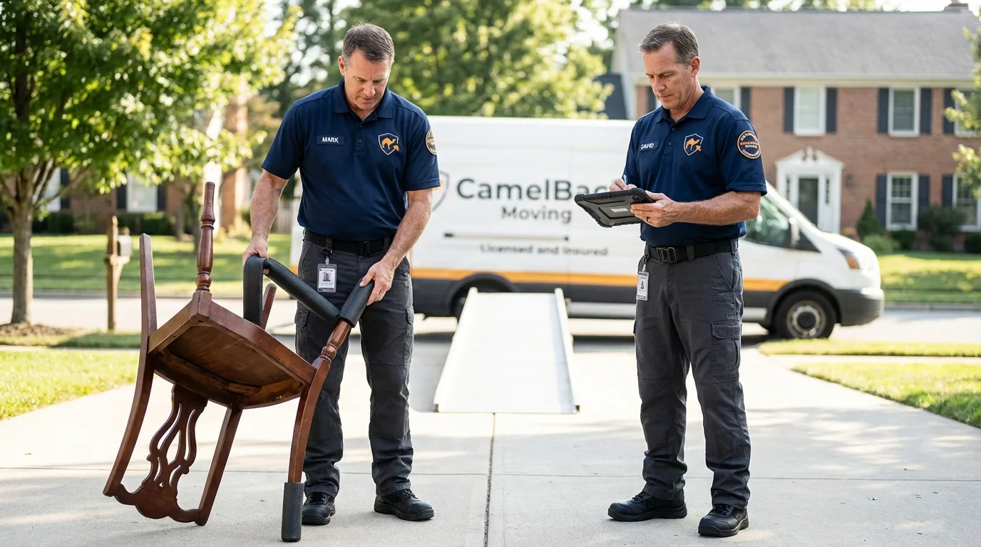Movers inspecting furniture for damage prevention before loading in Town Creek, AL