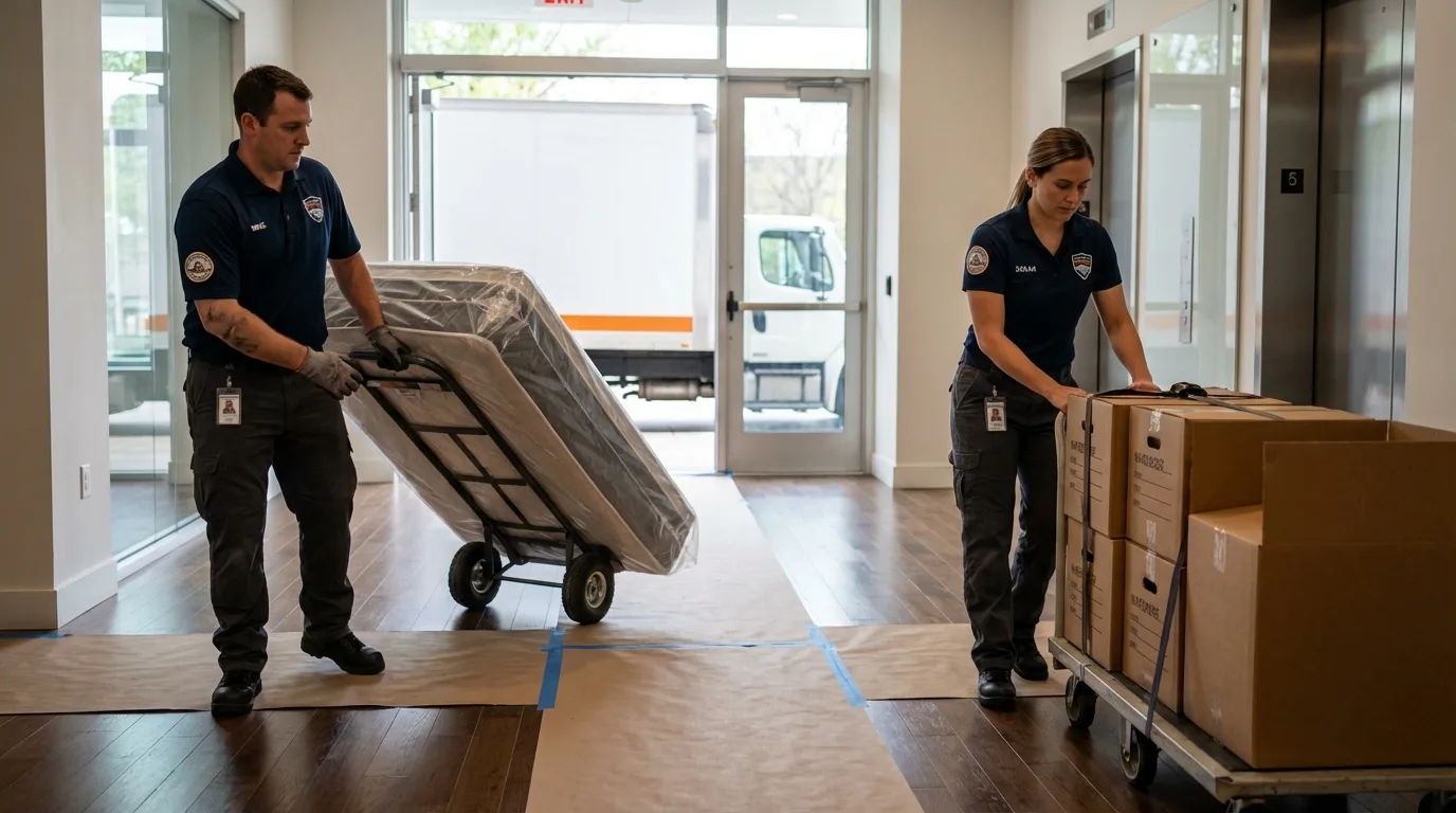 Professional apartment movers loading elevator in Town Creek, AL