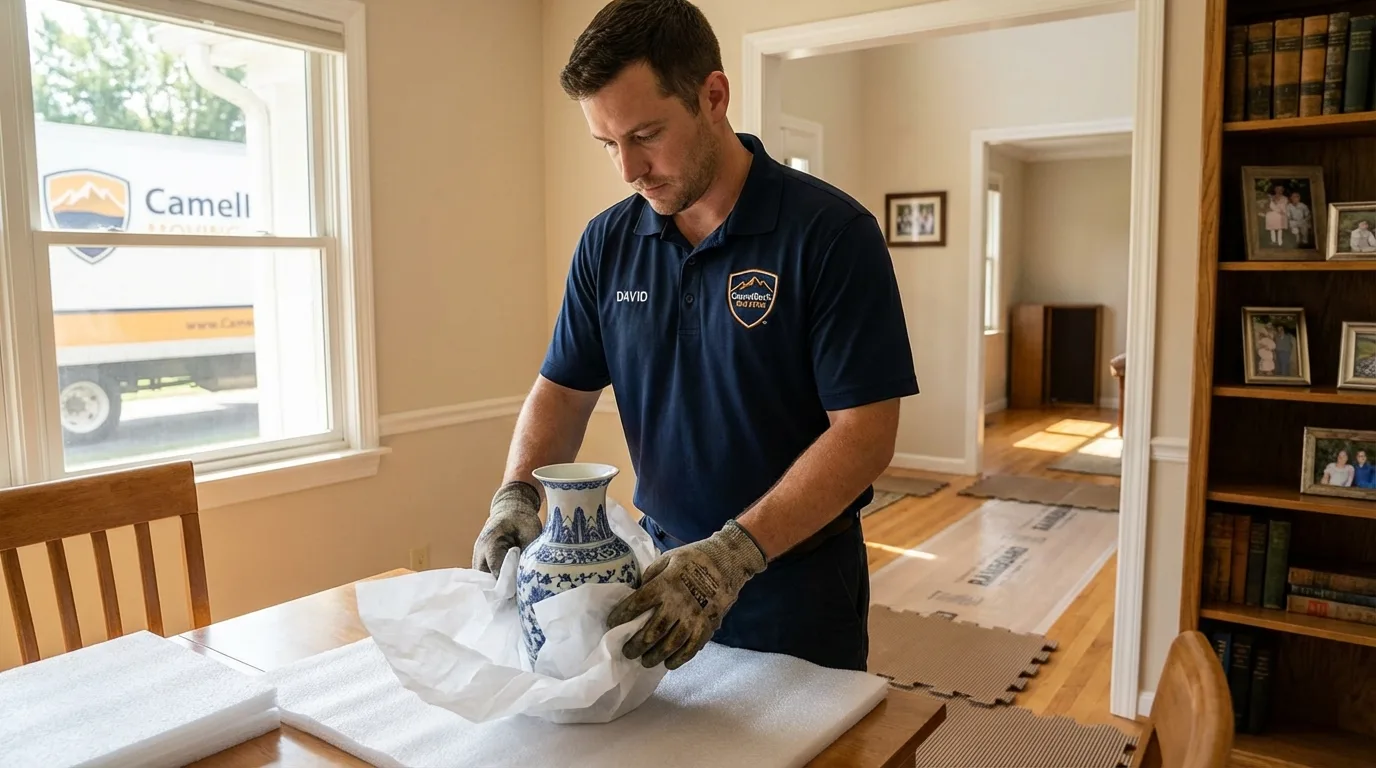 Professional crew carefully wrapping antique vase for senior downsizing move in Town Creek, AL